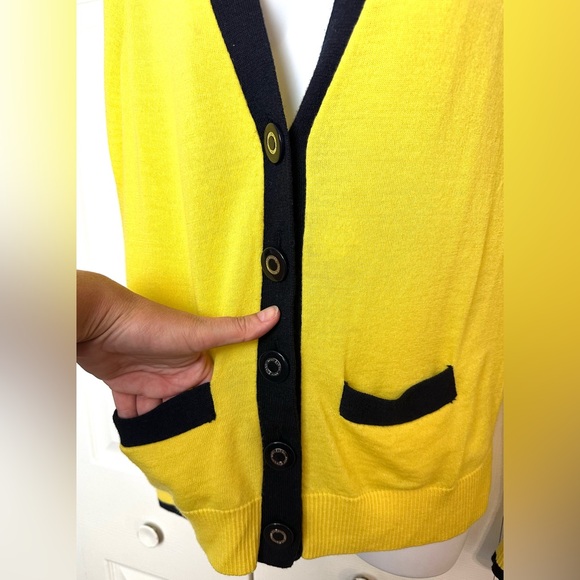 TORY BURCH Cardigan Sweater Yellow Navy Blue Merino Wool Simone Madison Knit - Picture 8 of 12